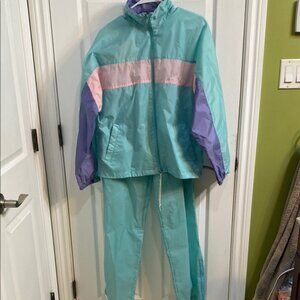 Vintage 80s BROOKS Pastel Windbreaker Jacket Track Suit Pants Nylon Hood Large‌‌